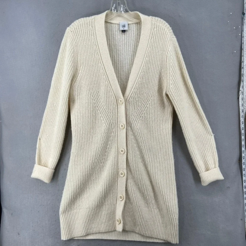 Cabi Cardigan Womens Sz M Cream Knit Button Front V Neck‎ Long Sleeve Long Line